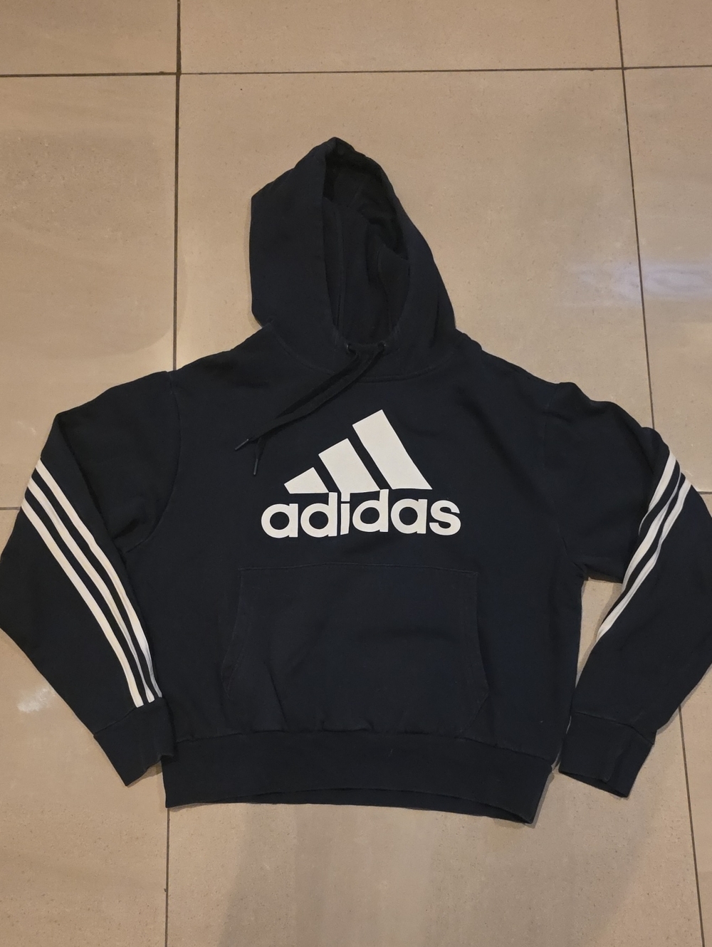 adidas Navy Blue Kids Hoodie with White Logo & Sleeve Stripes